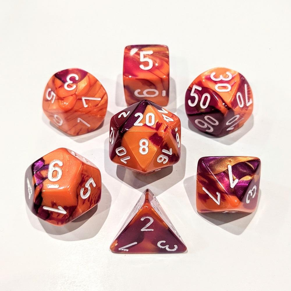 Chessex 7 Gemini Dice Sets-Orange Purple/White-Yarrawonga Fun and Games
