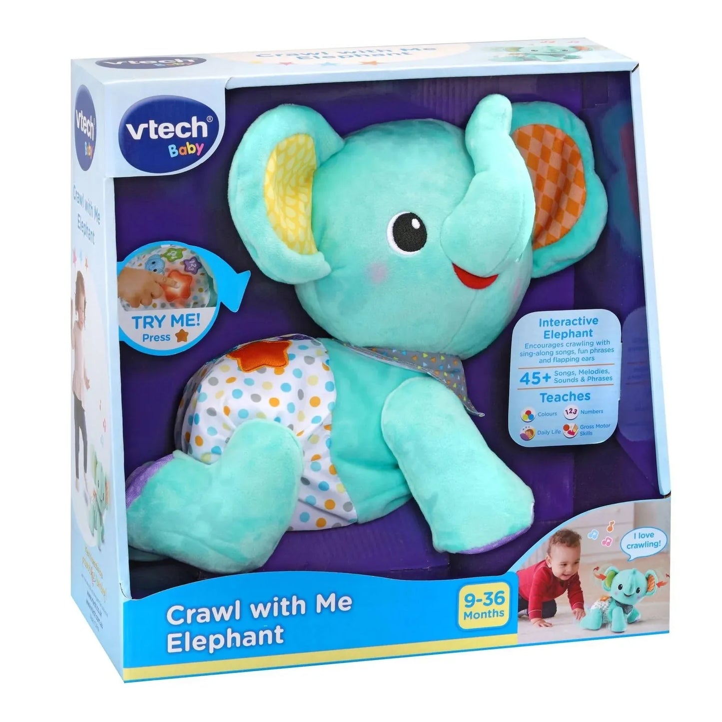 Vtech - Crawl with Me Elephant - Various Colours-Blue-Yarrawonga Fun and Games