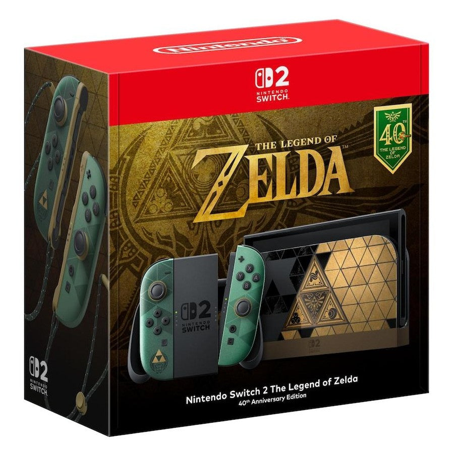 Nintendo Switch The Legend of Zelda 40th Anniversary Edition retail box, featuring a red top band, gold and black artwork, and a printed depiction of the console with teal Joy-Con controllers.