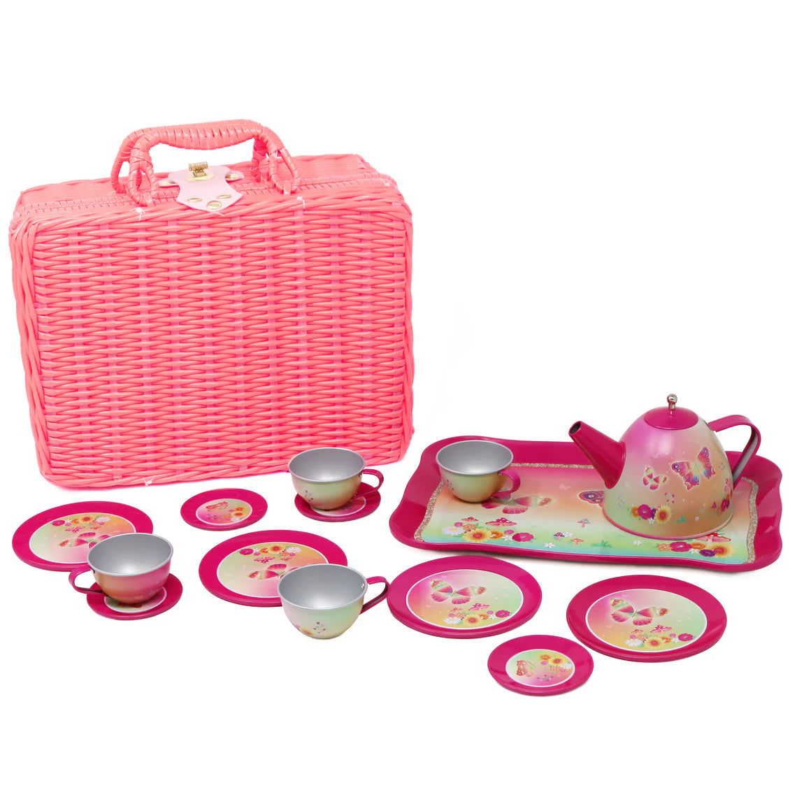 Tin Tea Set in Basket - Rainbow Butterfly-Yarrawonga Fun and Games